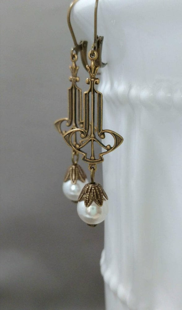 Image of Pearl Art Deco Earrings - Art Deco Jewelry - 1920s Wedding - Bridal Handmade Earrings - Edwardian...