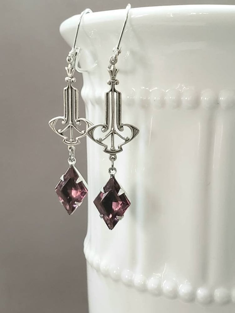 Image of Purple Art Deco Earrings - Reproduction Art Deco Jewelry - 1920s Earrings - Flapper Jewelry - 192...