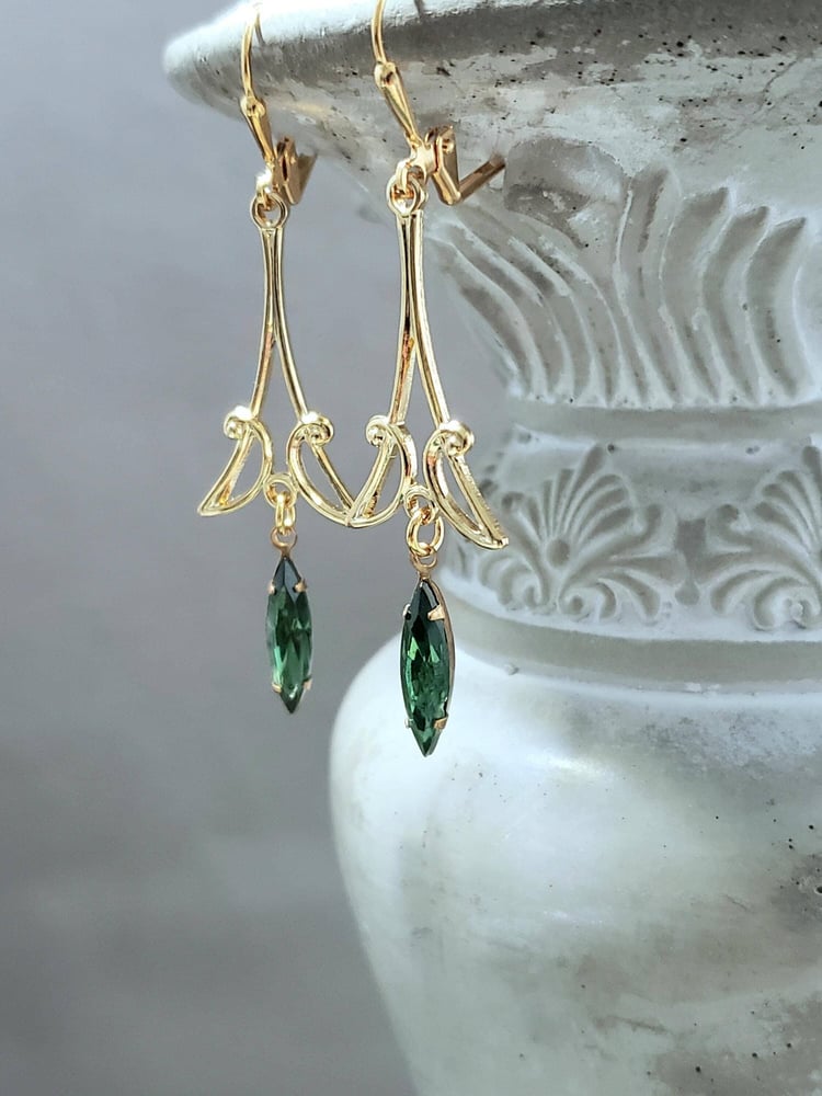 Image of Green and Gold Art Deco - 1920s Art Deco Jewelry - Flapper Earrings - Great Gatsby Wedding - Vint...