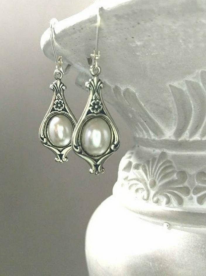 Image of Silver and Pearl Edwardian Earrings - Edwardian Style Jewelry - Art Nouveau Style Drop Earrings -...