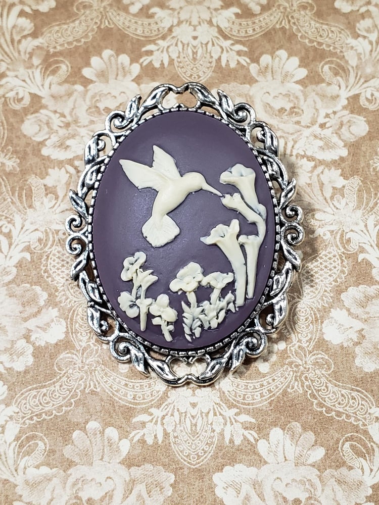Image of Purple and Silver Hummingbird Brooch - Hummingbird Jewelry - Alfons Mucha - Victorian Style Cameo...