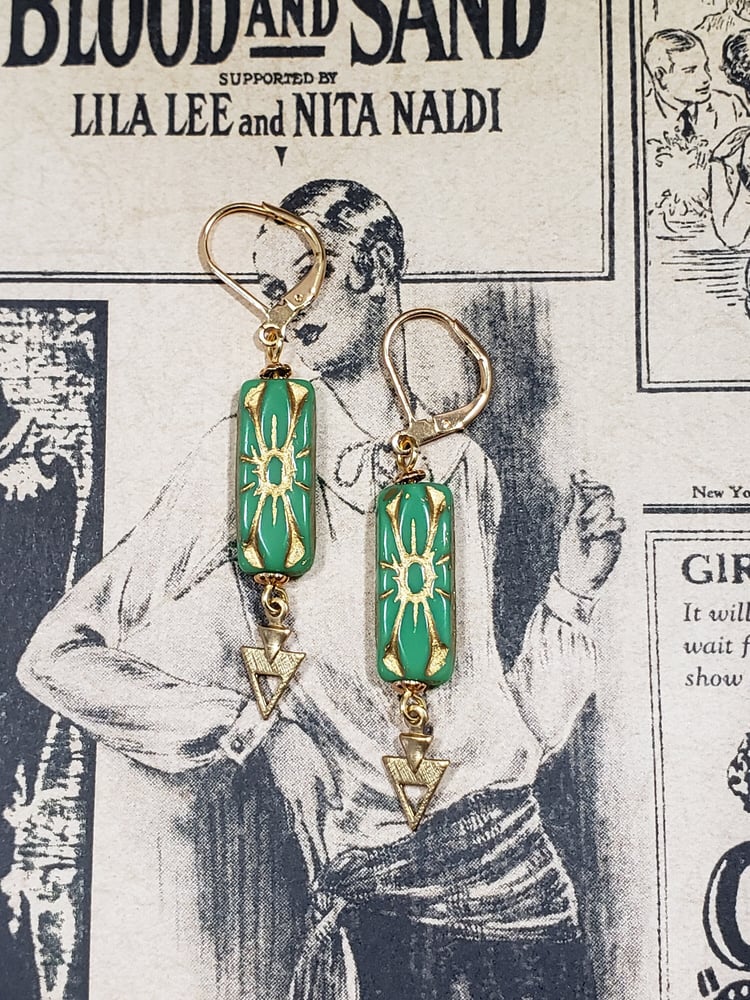 Image of Green and Gold Czech Glass Art Deco Earrings - 1920s Art Deco Jewelry - Egyptian Revival Jewelry ...