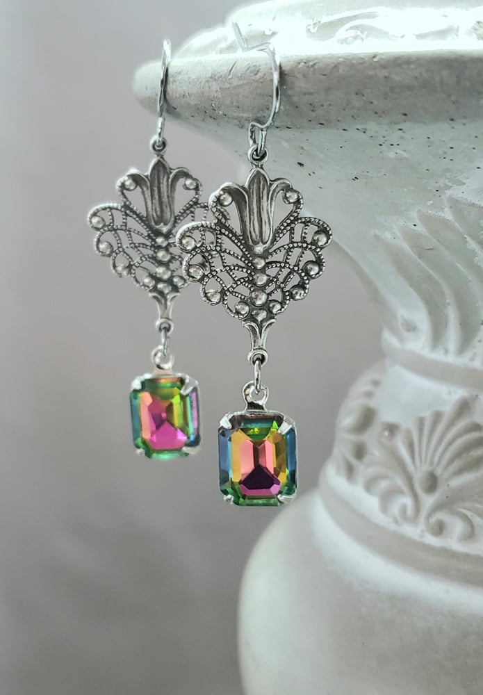 Image of Silver Rainbow Crystal Art Nouveau Drop Earrings - Edwardian Style Jewelry - Victorian Era Earrin...