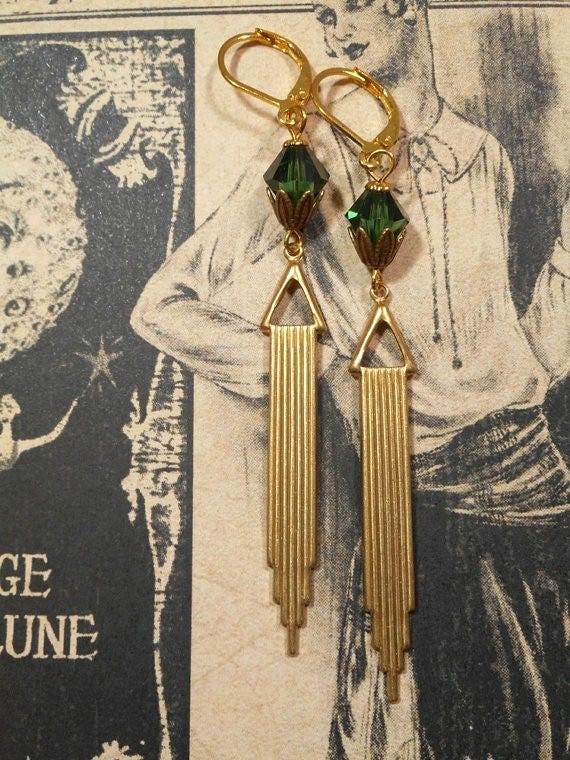Image of Green and Gold Art Deco Earrings - 1920s Art Deco Jewelry - 1920s Earrings - Flapper Jewelry - 19...