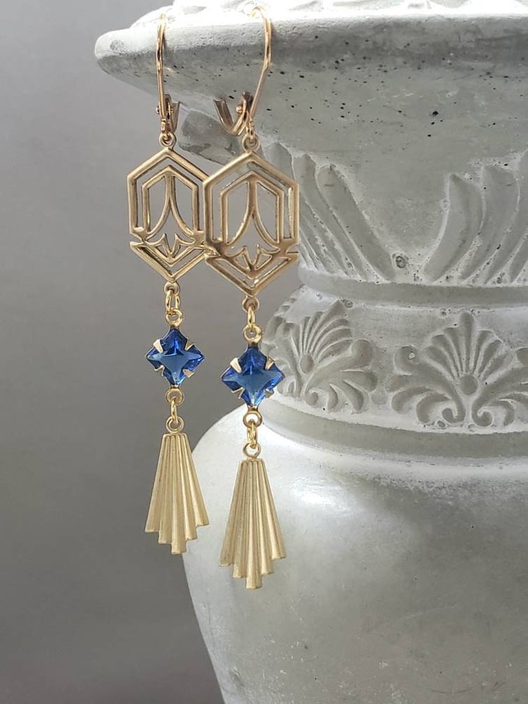 Image of Gold and Blue Art Deco Earrings -  1920s Art Deco Jewelry - 1920s Earrings - Flapper Jewelry - Vi...