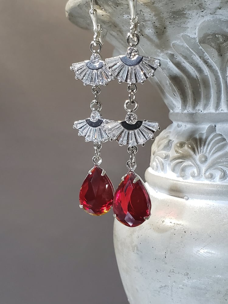 Image of Silver and Red Rhinestone Earrings - 1920s Art Deco Jewelry - Great Gatsby Wedding - 1920s Flappe...