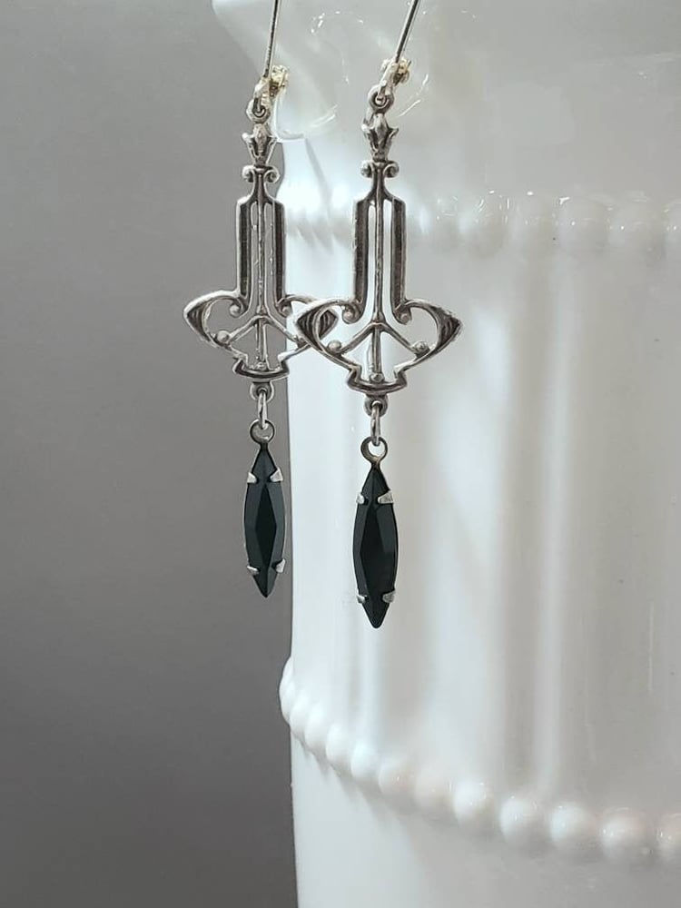 Image of Art Deco Black Earrings - 1920s Art Deco Jewelry - Flapper Jewelry - Edwardian Style Earrings - V...