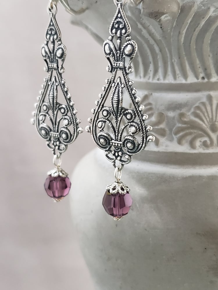 Image of Purple Crystal Filigree Earrings - Edwardian Style Jewelry - Purple Victorian Earrings - Edwardia...