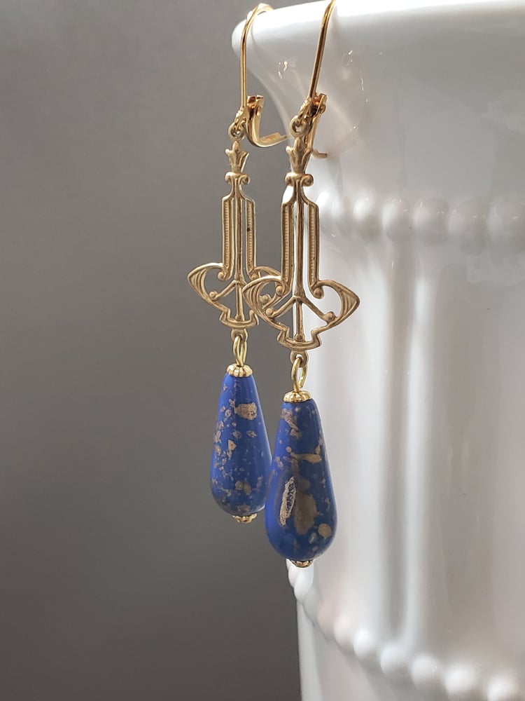 Image of Blue and Gold Lampwork Beads Art Deco Earrings - 1920s Art Deco Jewelry - Egyptian Revival Jewelr...