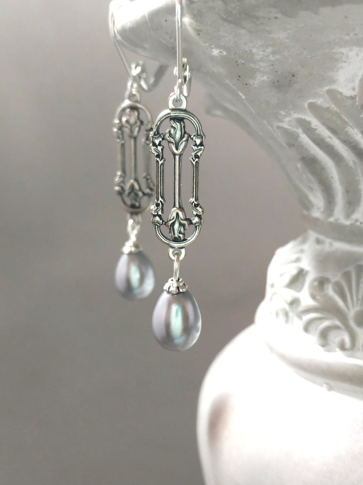 Image of Art Nouveau Gray Pearl Earrings - Art Nouveau Style Jewelry - Alfons Mucha - Gilded Age Earrings ...