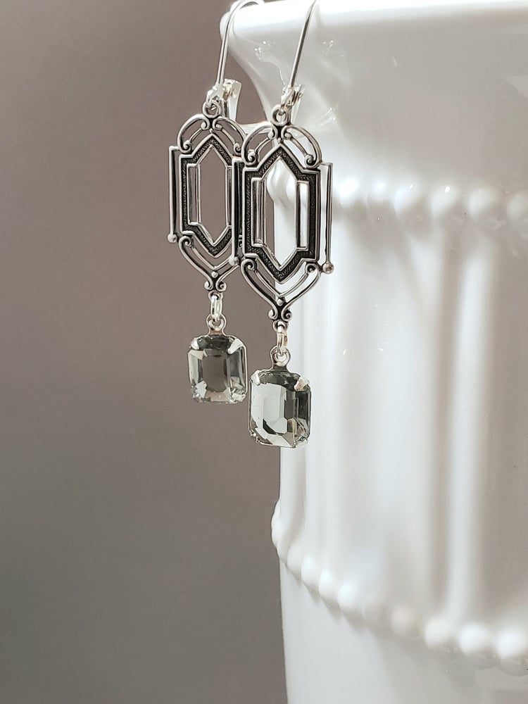 Image of Black Diamond Art Deco Earrings - Art Deco Jewelry - 1920s Wedding - Edwardian Reproduction Jewel...