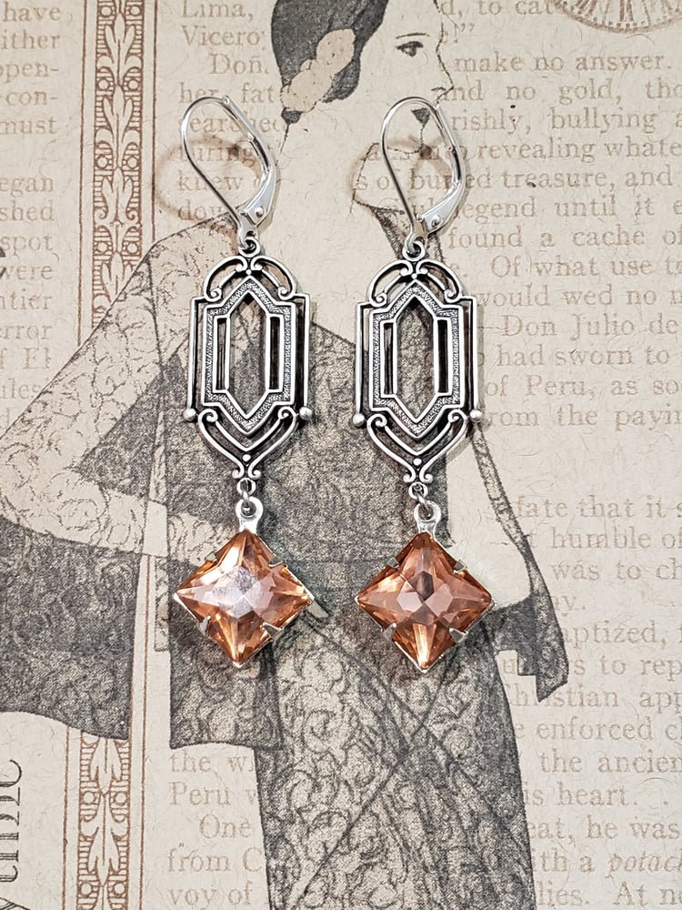 Image of Art Deco Estate Earrings - Art Deco Jewelry - 1920s Flapper - Peach Bridal Earrings - 1920s Weddi...