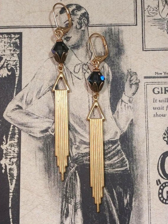 Image of Dark Blue Art Deco Earrings - 1920s Earrings - 1920s Art Deco Jewelry - Great Gatsby Wedding - 19...