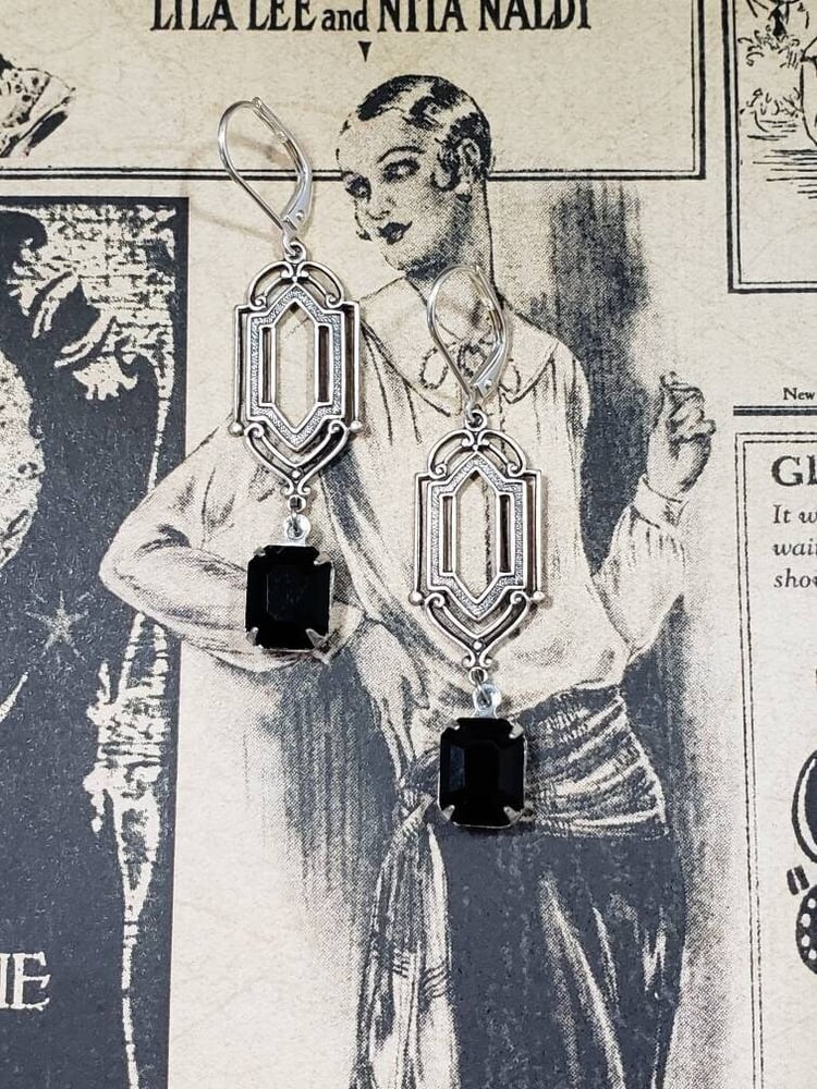 Image of Art Deco Black Rhinestone Earrings - 1920s Art Deco Jewelry - Long Bridal Earrings - 1920s Bride ...