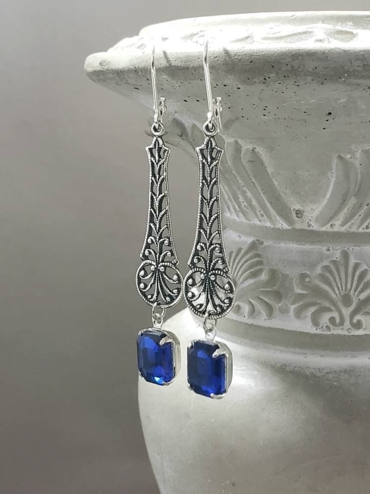 Image of Sapphire Blue Filigree Art Deco Earrings - 1920s Art Deco Jewelry - 1920s Earrings - Edwardian St...
