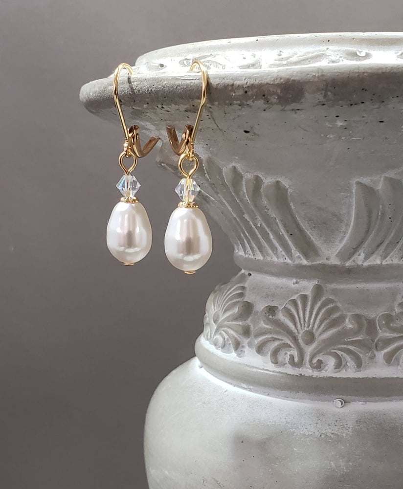 Image of Teardrop Pearl Earrings - Historical Jewelry - Dainty Pearl Earrings - Jane Austen Jewelry - Rege...