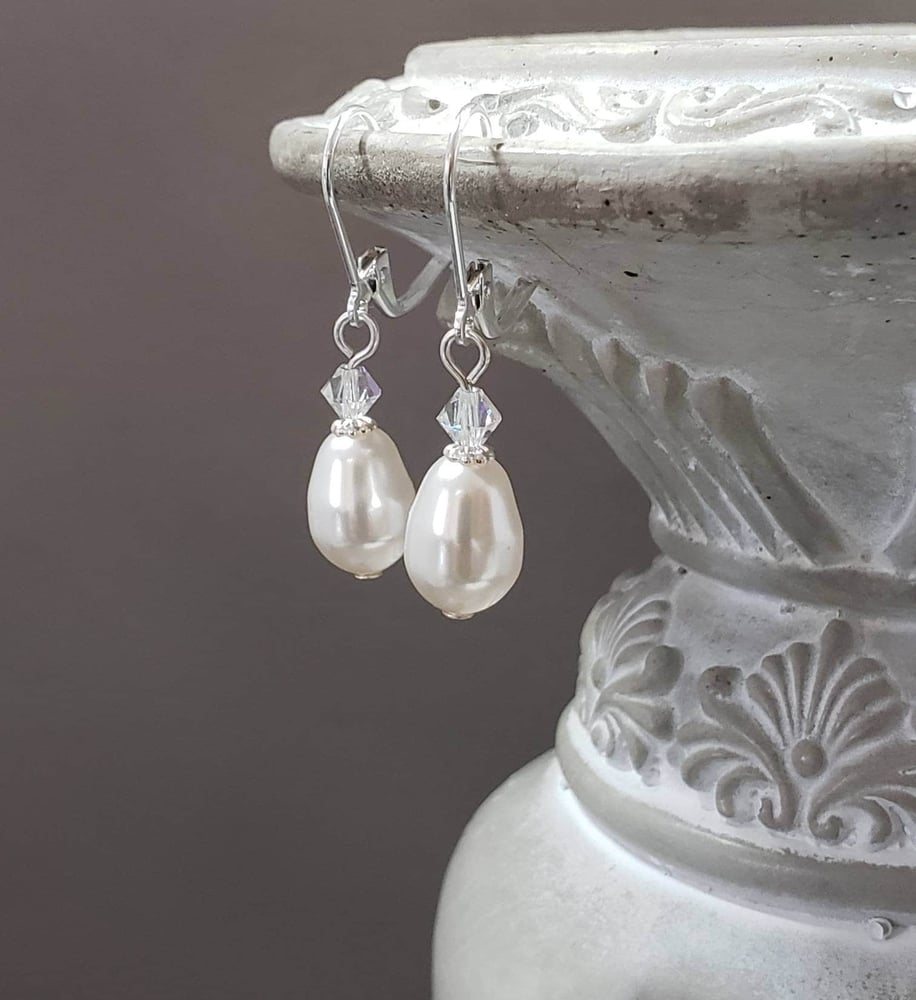Image of Simple Pearl Drop Earrings - Dainty Pearl Earrings - Vintage Style Bridal Jewelry - 1920s Bride -...