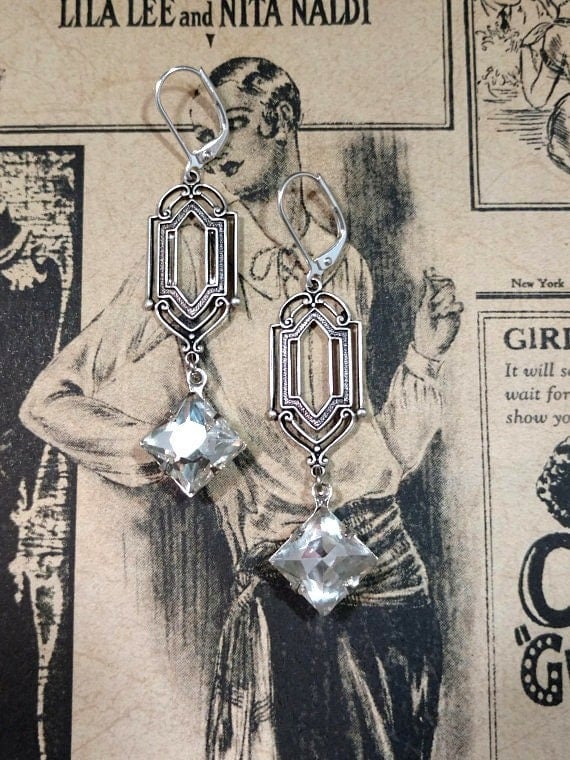 Image of Art Deco Crystal Earrings - 1920s Art Deco Jewelry - 1920s Earrings - Flapper Jewelry - Vintage S...
