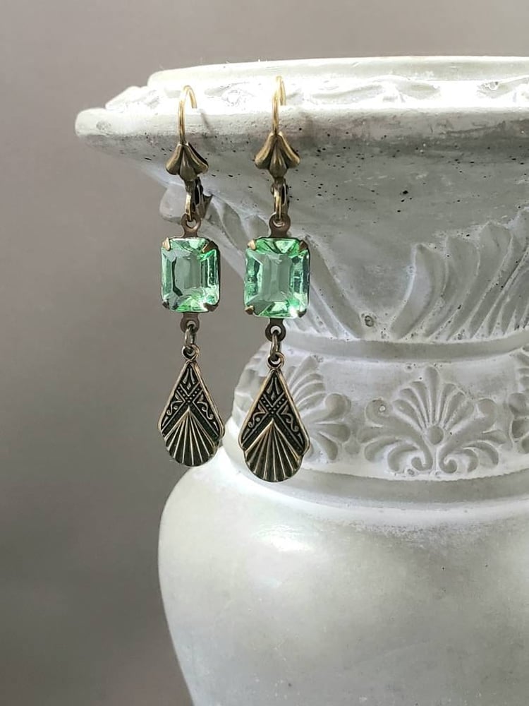 Image of Peridot Green Art Deco Earrings - Delicate Dangle Earrings - 1920s Art Deco Jewelry - Flapper Jew...