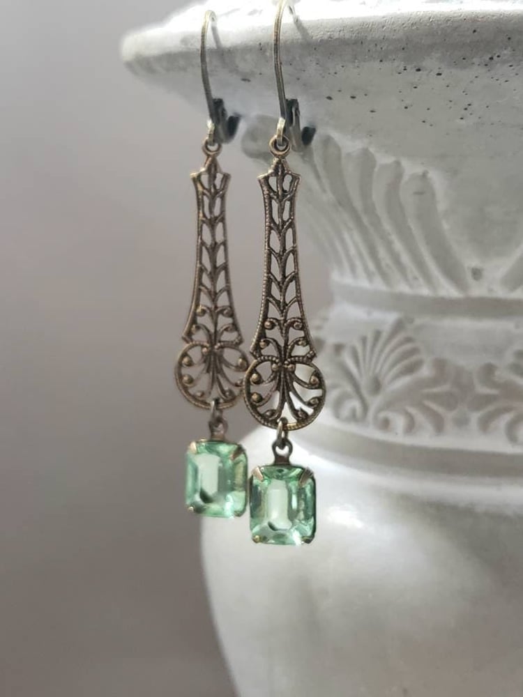 Image of Peridot Green Filigree Art Deco Earrings - 1920s Art Deco Jewelry - 1920s Earrings - Edwardian St...
