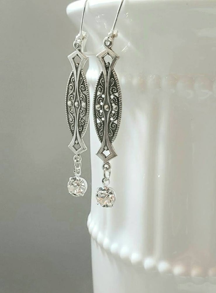 Image of Art Deco Filigree Earrings - Flapper Jewelry - 1920s Bride - Reproduction Art Deco Jewelry - 1920...