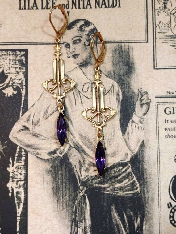 Image of Vintage Style Purple Art Deco Earrings - Art Deco Jewelry - 1920s Deco Earrings - 1920s Jewelry -...