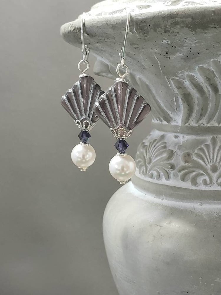 Image of Purple Bridal Art Deco Earrings - 1920s Art Deco Jewelry - Dark Purple Earrings - Gilded Age Earr...