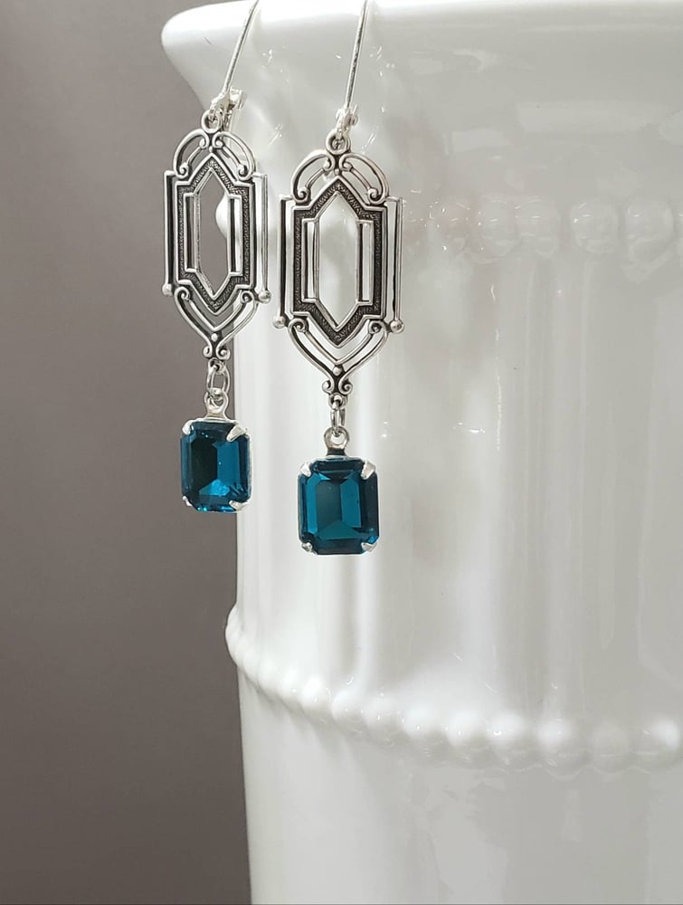 Image of Blue Rhinestone Art Deco Earrings - Art Deco Jewelry - 1920s Flapper Earrings - Edwardian Earring...