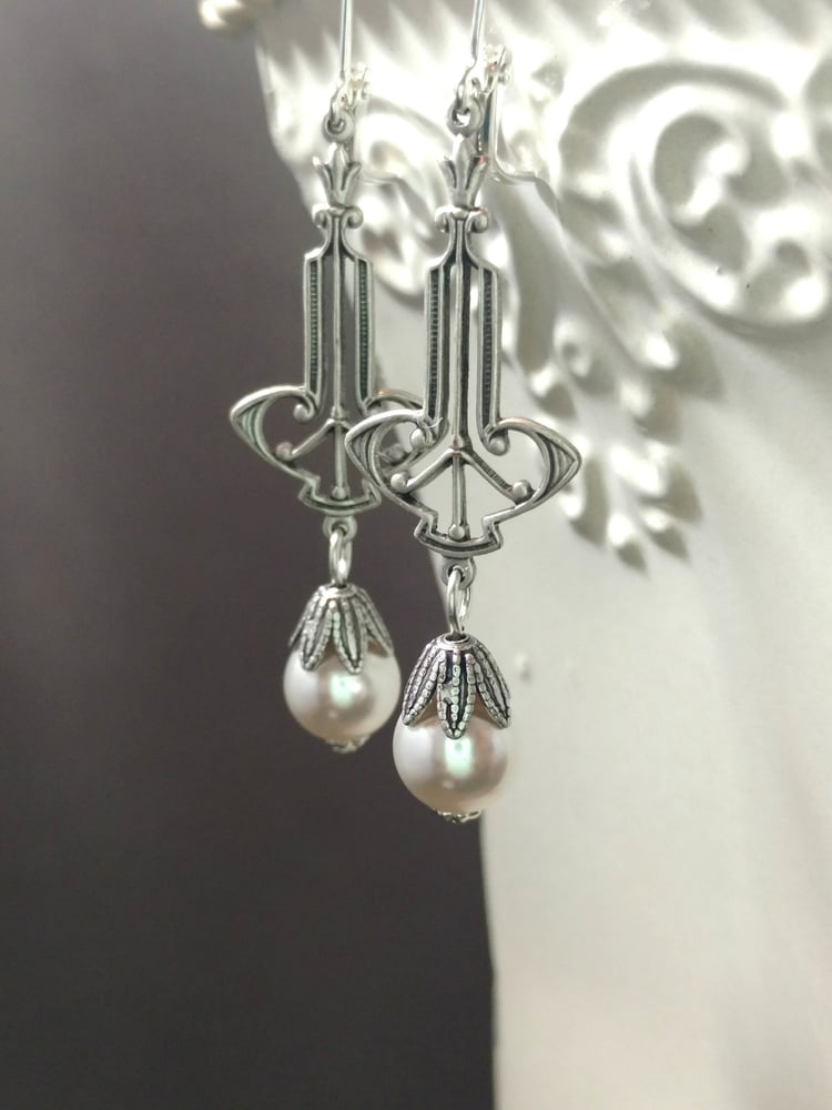 Image of Art  Pearl Deco Earrings - 1920s Art Deco Jewelry - 1920s Bridal Earrings - Edwardian Style Jewel...