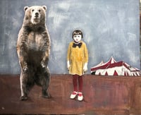 Image 1 of Circus themed mixed media painting vintage girl and bear