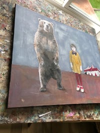 Image 3 of Circus themed mixed media painting vintage girl and bear