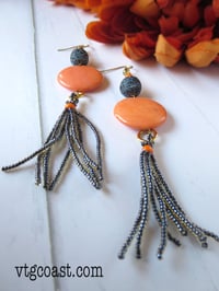 Image 3 of Orange & Black Tassel Earrings