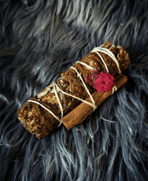 Image of Pumpkin Spice Sage Wand with Cinnamon & Pomegranate Flower | Glow-in-the-Dark Wrap