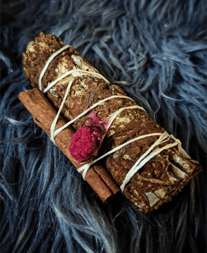 Image of Pumpkin Spice Sage Wand with Cinnamon & Pomegranate Flower | Glow-in-the-Dark Wrap