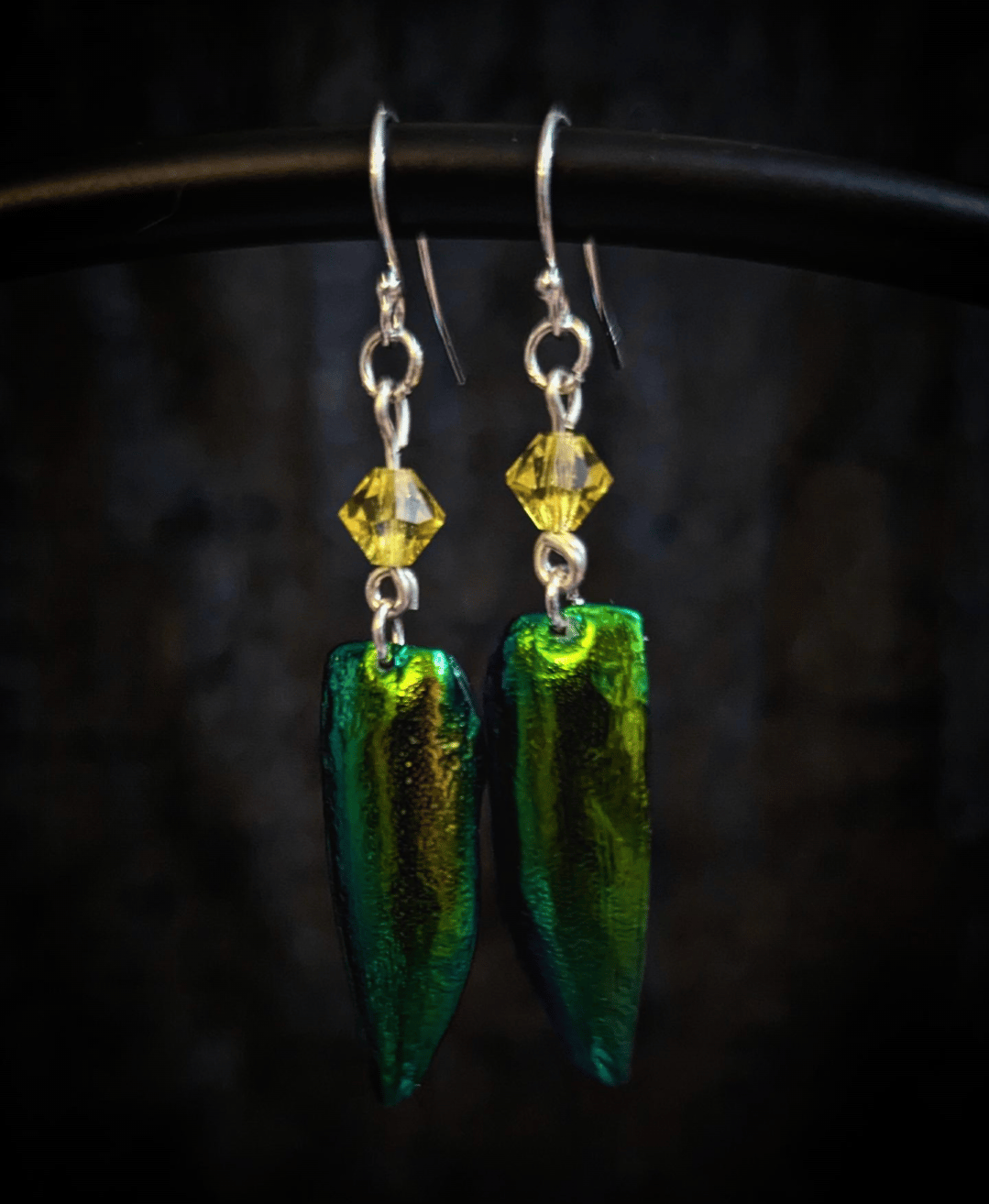 Image of Radiant Glo- Atomic Beetle Earrings Earrings | Sterling Silver Uranium Glass and Jewel Beetle Wing