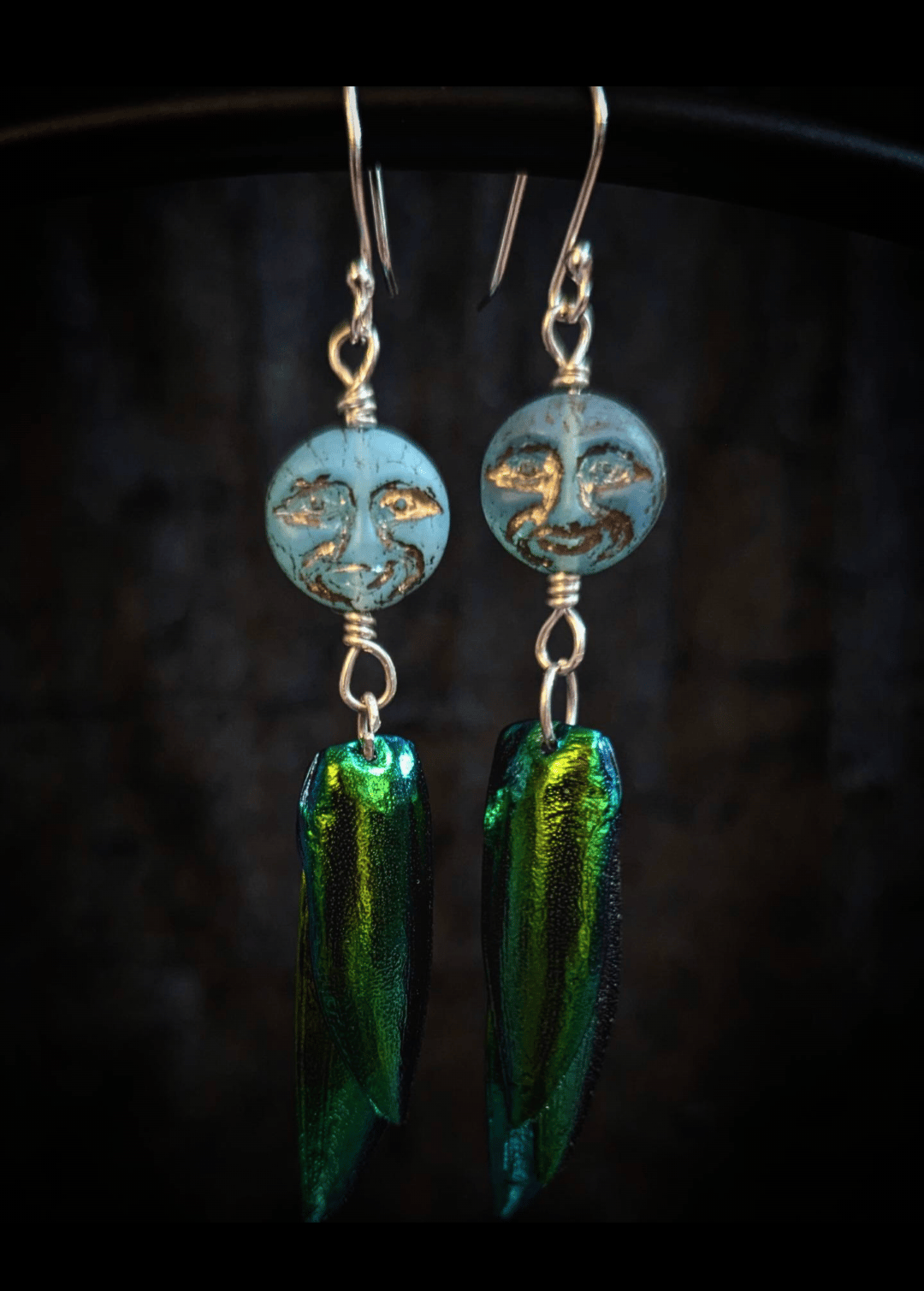 Image of Radiant Glo- Moonlit Jewel Earrings | Sterling Silver Czech Uranium Glass and Jewel Beetle Wings