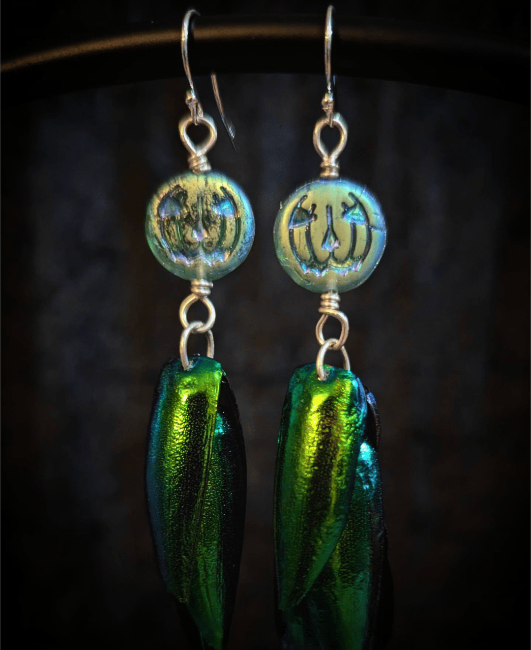 Image of Blue Jack O'Lantern Lantern Earrings | Sterling Silver Czech Glass and Jewel Beetle Wings