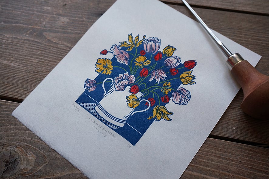 Image of Transferware Tulips - Hand Coloured Edition - Linocut