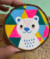 Hand painted wood slice ornaments (neon bear)