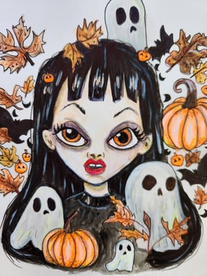 Image of Fall Halloween Goth Girl with her Ghosts & Pumpkin