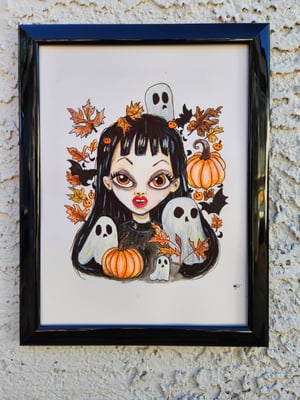 Image of Fall Halloween Goth Girl with her Ghosts & Pumpkin