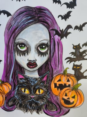 Image of Goth Girl and her Halloween Cat 