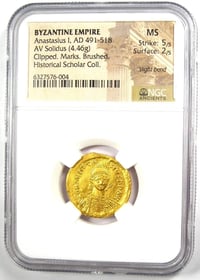 Anastasius I AV Solidus Gold Byzantine Coin 491-518 AD