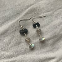 Image 3 of Black Tourmaline Gray Labradorite Natural Gemstone Sterling Silver Earrings 