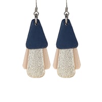Australian made leather earrings - 'Jazz'. Dark navy blue, gold, beige [JBG-938]