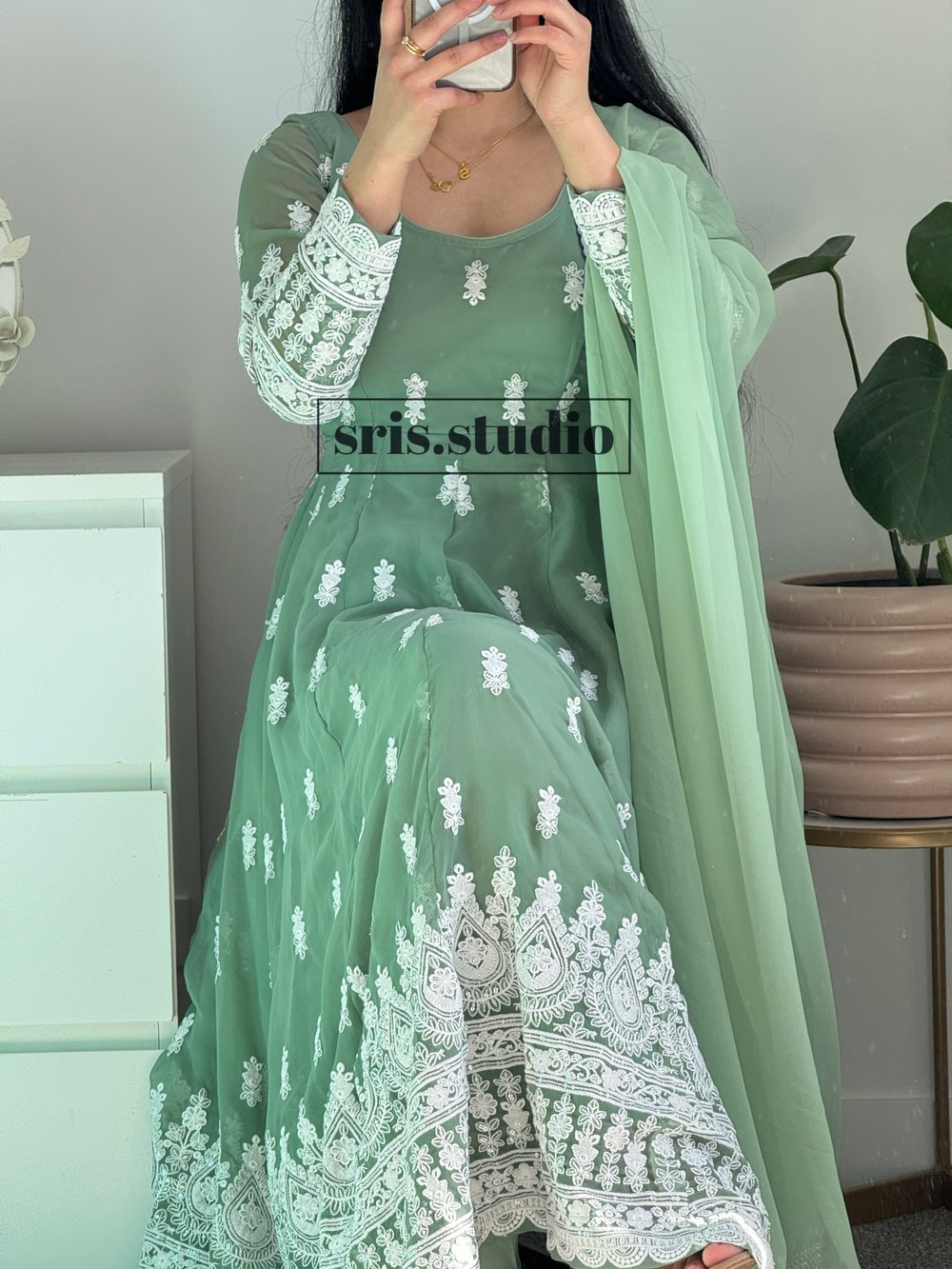 Image of Pastel green three piece anarkali set