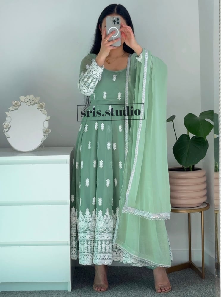 Image of Pastel green three piece anarkali set
