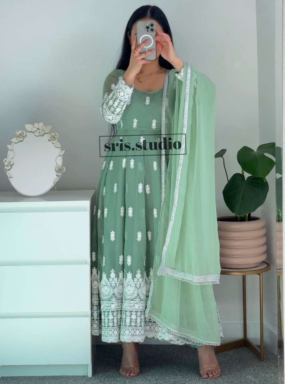 Image of Pastel green three piece anarkali set 