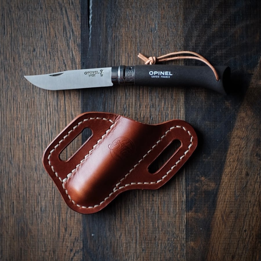 Image of Cross draw sheath with Opinel #8 trekking (cognac)