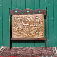 Antique Arts & Crafts Oak & Repoussé Copper Nautical Firescreen c.1900